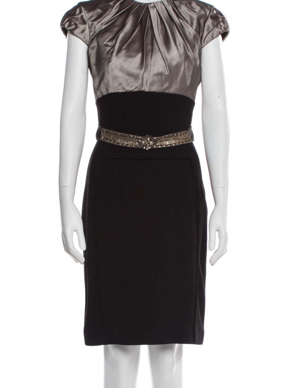 Monique Lhuillier Pewter & Black Sheath Dress with Embellished Belt // size 6